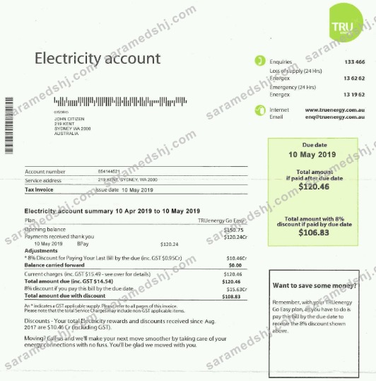 Australia Tru electricity utility bill template, fully editable in PSD format